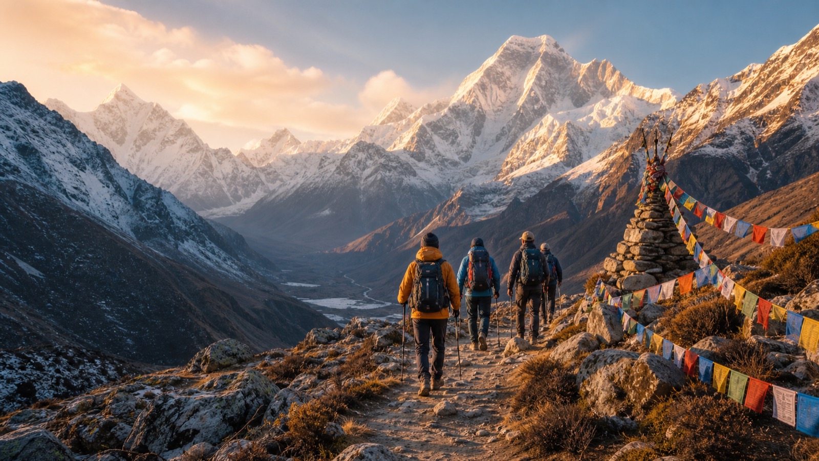 Everest trail at golden hour with Himalayan peaks